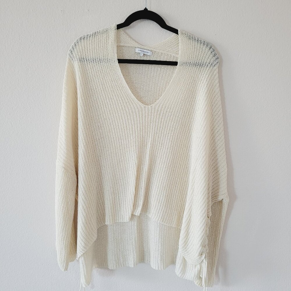 Crescent Knit Sweater Cropped V-Neck Ribbed Anthropologie Lace Up Size L White